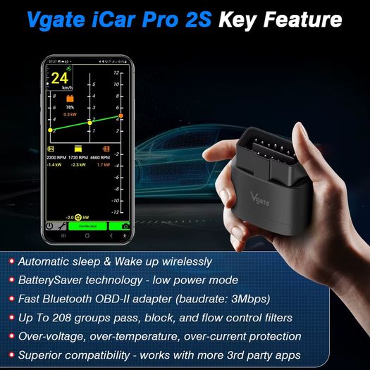 Vgate iCar Pro 2S BLE Bluetooth Wake-on-up with Bluetooth 5.3 Support for electric vehicles