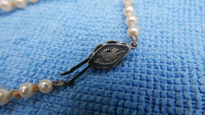 Vintage 60's Long Hand Knotted Faux Cream Pearl? Necklace Sterling Silver 925 Clasp