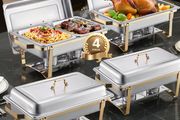 Chafing Dish Buffet Set, 8 Qt 4 Pack, Stainless Steel Chafer with 2 Full Size and 4 Half Size Pans, Rectangle Catering Warmer Server with Lid Water Pan Stand, for Weddings Parties Banquets, Gold