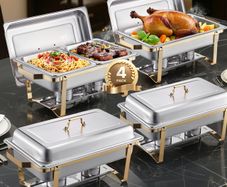 Chafing Dish Buffet Set, 8 Qt 4 Pack, Stainless Steel Chafer with 2 Full Size and 4 Half Size Pans, Rectangle Catering Warmer Server with Lid Water Pan Stand, for Weddings Parties Banquets, Gold