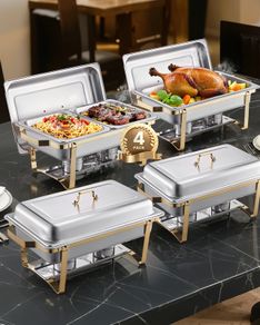 Chafing Dish Buffet Set, 8 Qt 4 Pack, Stainless Steel Chafer with 2 Full Size and 4 Half Size Pans, Rectangle Catering Warmer Server with Lid Water Pan Stand, for Weddings Parties Banquets, Gold