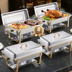 Chafing Dish Buffet Set, 8 Qt 4 Pack, Stainless Steel Chafer with 2 Full Size and 4 Half Size Pans, Rectangle Catering Warmer Server with Lid Water Pan Stand, for Weddings Parties Banquets, Gold