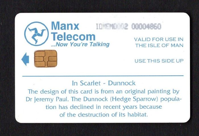 1997 Isle of Man UK5/ 55 units Poppies In Scarlet 0 Dunnock (Siemens - S30 (Module 34)) Phone Card.