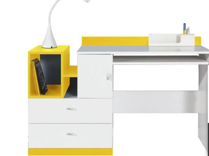 Office Computer desk white lux/yellow color with drawers and keyboard tray.