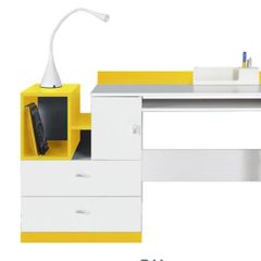 Office Computer desk white lux/yellow color with drawers and keyboard tray.