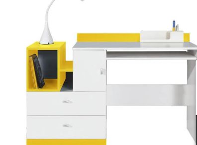 Office Computer desk white lux/yellow color with drawers and keyboard tray.