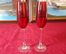 Pair Of Ruby Red Stemmed Toasting Champagne Flutes