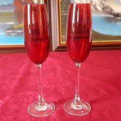 Pair Of Ruby Red Stemmed Toasting Champagne Flutes