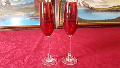 Pair Of Ruby Red Stemmed Toasting Champagne Flutes