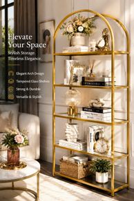 5 Tier Bookcase Tempered Glass Gold Shelves