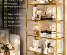 5 Tier Bookcase Tempered Glass Gold Shelves