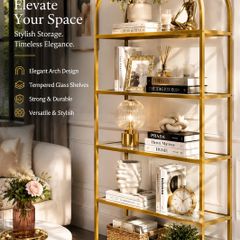 5 Tier Bookcase Tempered Glass Gold Shelves