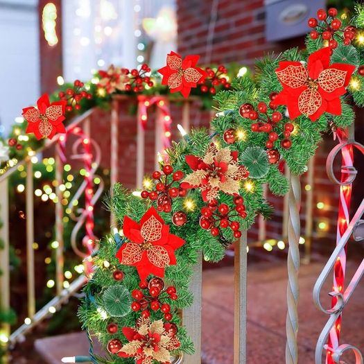 Pre-Lit Artificial Christmas Garland, Green, Warm Lights, Decorated with Red Flowers, Balls, Berries, Snowy Pine for Home Stairs Fireplace Front, Christmas Decorations, 9 Ft