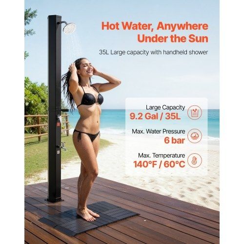 35L Solar Heated Shower, 195cm Showerhead Height Outdoor Shower, with Floor Kit & Foot Faucet, Hot & Cold Water Adjustment, Freestanding for Backyard