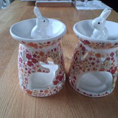 Pair of ceramic bunny wax melt burners - floral design