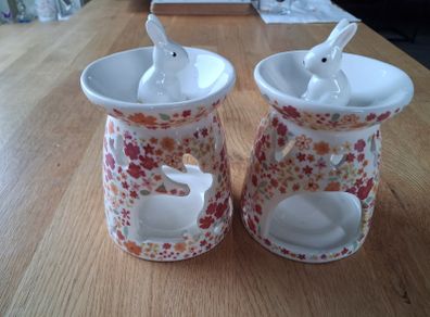 Pair of ceramic bunny wax melt burners - floral design