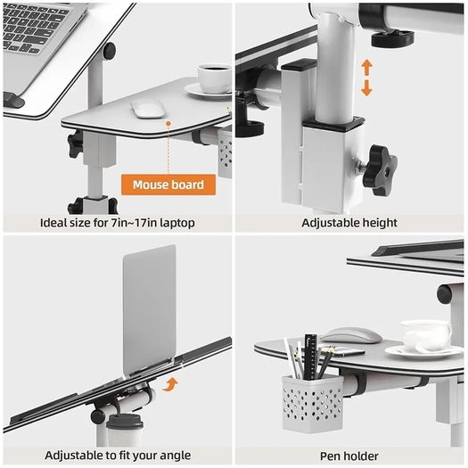 Height Adjustable Computer Desk on Wheels, Rolling Laptop Desk with Cooling Fan, Overbed Table with Mouse Tray, Laptop Table with Pen Holder, Bedside Table for Home Office, White