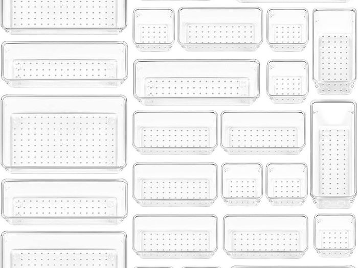 NEW SALE |  25 Pack Desk Drawer Organiser with 4 Size Makeup/Fridge Organiser, Plastic Storage Drawers for Kitchen, Bedroom, Office, Utensils