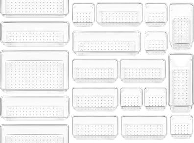 NEW SALE |  25 Pack Desk Drawer Organiser with 4 Size Makeup/Fridge Organiser, Plastic Storage Drawers for Kitchen, Bedroom, Office, Utensils