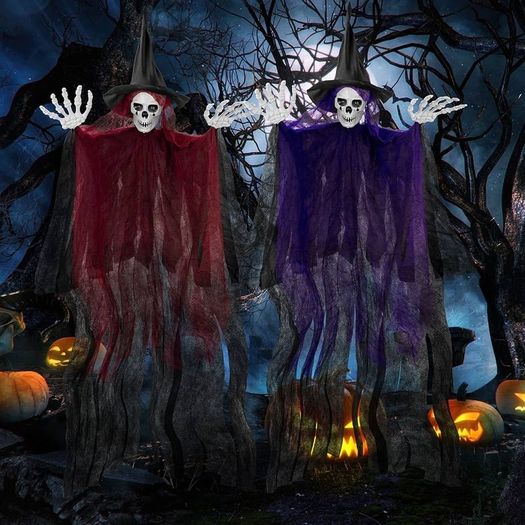 2 Pack Halloween Hanging Grim Reapers, 41inch Halloween Hanging Skeleton Ghost Halloween Flying Ghost Scary Halloween Hanging Decorations for Haunted House Props Decor purple and red