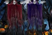 2 Pack Halloween Hanging Grim Reapers, 41inch Halloween Hanging Skeleton Ghost Halloween Flying Ghost Scary Halloween Hanging Decorations for Haunted House Props Decor purple and red