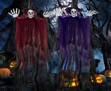 2 Pack Halloween Hanging Grim Reapers, 41inch Halloween Hanging Skeleton Ghost Halloween Flying Ghost Scary Halloween Hanging Decorations for Haunted House Props Decor purple and red