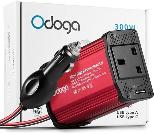 300W Car Power Inverter 12V to 240V / 230V Converter, USB-A and USB-C 3A Charging Ports - Charge Your Laptop, iPad, iPhone, Tablet, Consoles & More - Durable and Powerful - Red Aluminum Body