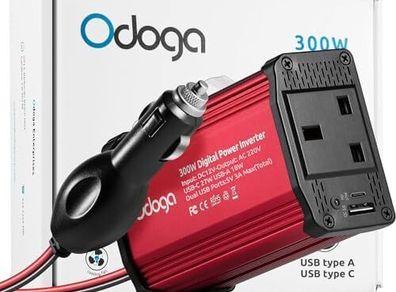 300W Car Power Inverter 12V to 240V / 230V Converter, USB-A and USB-C 3A Charging Ports - Charge Your Laptop, iPad, iPhone, Tablet, Consoles & More - Durable and Powerful - Red Aluminum Body