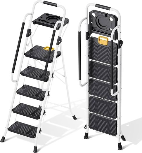 Folding 5-Step Ladder, 800 lbs Capacity Step Stool with Safety Lock, Tool Tray, Non-Skid Wide Steps, Handrail, Household Ladder for Home, Garden, Painting, Outdoor, and Garage Use, White