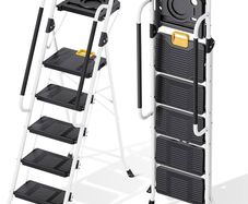 Folding 5-Step Ladder, 800 lbs Capacity Step Stool with Safety Lock, Tool Tray, Non-Skid Wide Steps, Handrail, Household Ladder for Home, Garden, Painting, Outdoor, and Garage Use, White