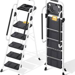 Folding 5-Step Ladder, 800 lbs Capacity Step Stool with Safety Lock, Tool Tray, Non-Skid Wide Steps, Handrail, Household Ladder for Home, Garden, Painting, Outdoor, and Garage Use, White