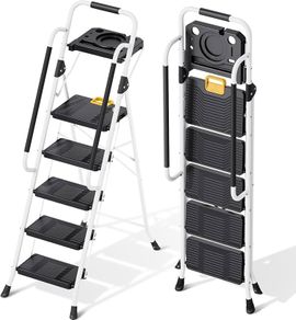 Folding 5-Step Ladder, 800 lbs Capacity Step Stool with Safety Lock, Tool Tray, Non-Skid Wide Steps, Handrail, Household Ladder for Home, Garden, Painting, Outdoor, and Garage Use, White