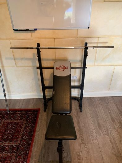Home Gym, weights, bench, and misc