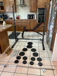 Squat Rack, Adjustable Bench, Metal Weights, Solid Barbell And Dumbbells, Mats!!