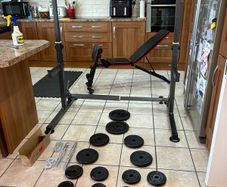 Squat Rack, Adjustable Bench, Metal Weights, Solid Barbell And Dumbbells, Mats!!