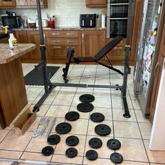 Squat Rack, Adjustable Bench, Metal Weights, Solid Barbell And Dumbbells, Mats!!