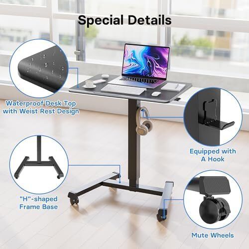 Mobile Standing Desk with 4 Rolling Castors, Height Adjustable Desk on Wheels, Portable Stand Up Desk, Over-Bed Table for Living Room