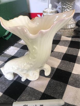 Belleek Cornucopia Shell and Scroll Vase Gold Trim 8th Mark