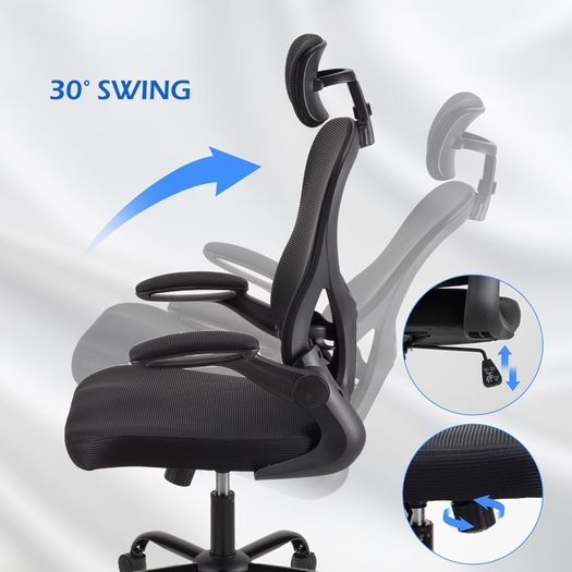 Adjustable headrest office chair, high-back ergonomic computer swivel seat with lumbar support, height adjustment, 360 rotation, tilt function, and 90 flip-up armrests for home office