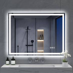 Bluetooth-Bathroom-Mirror-with-LED-Lights 800x600mm, LED-Bathroom-Mirror with Defogging Mat, 3000K-6500K, Dimmable, Memory, HD Tempered Glass, IP44 Waterproof