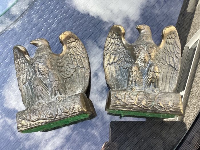 Vintage Pair 1960s Cast Brass Tone American Bald Eagle Bookend Decorative Desk Statue