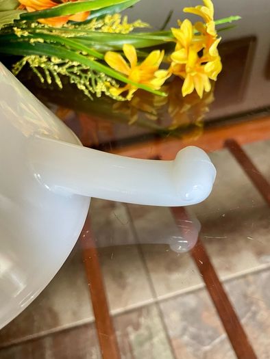 Vintage Mid Century Anchor Hocking Fire King Ovenproof Milk Glass Bowl with Handle 1960 1970s