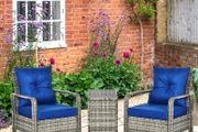 3 pcs PE Rattan Wicker Garden Furniture Patio Bistro Set - Weave Conservatory Sofa, Storage Table, and Chairs Set, Blue