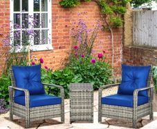 3 pcs PE Rattan Wicker Garden Furniture Patio Bistro Set - Weave Conservatory Sofa, Storage Table, and Chairs Set, Blue