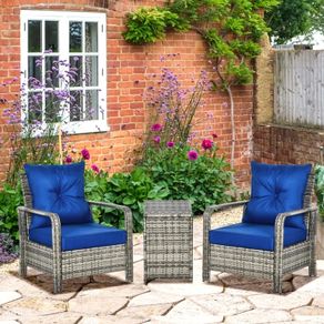 3 pcs PE Rattan Wicker Garden Furniture Patio Bistro Set - Weave Conservatory Sofa, Storage Table, and Chairs Set, Blue