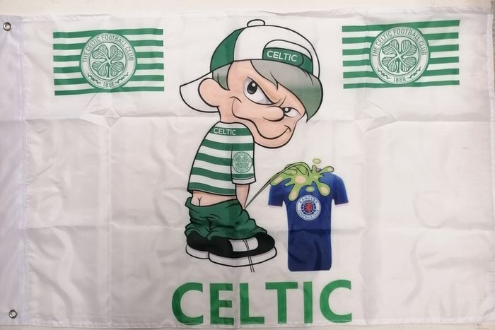 Celtic Pee on Rangers football flag 3ft x 2ft.