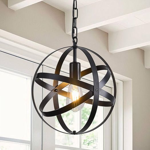 Pendant Light Industrial Globe Farmhouse Lighting Vintage Chandelier Spherical Hanging Ceiling Fixture for Kitchen Island Dining Table E27 Black 1 Light