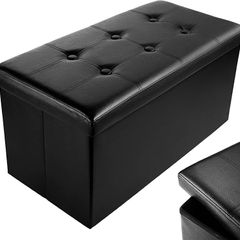 Faux Leather 76x38x38cm Black Ottoman Foldable Storage Boxes Seat Foot Stool Storage Box with Lids for Kids Toys, Bedroom, Hallway, Living Room (FREE POSTAGE)