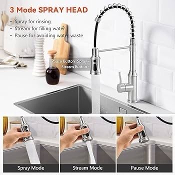 NEW SALE | Brushed Kitchen Tap,Spring Kitchen Taps with Pull Out Spray,3 Spray Modes 360 Degree Swivel High Arc Single Handle Kitchen Sink Mixer Tap with Pull Down Sprayer