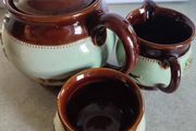 Rare Find Bourne Denby Set Of Three Tea pot, Sugar bowl, Milk jug. vessels, each glazed &amp; moulded with hunting scenes.